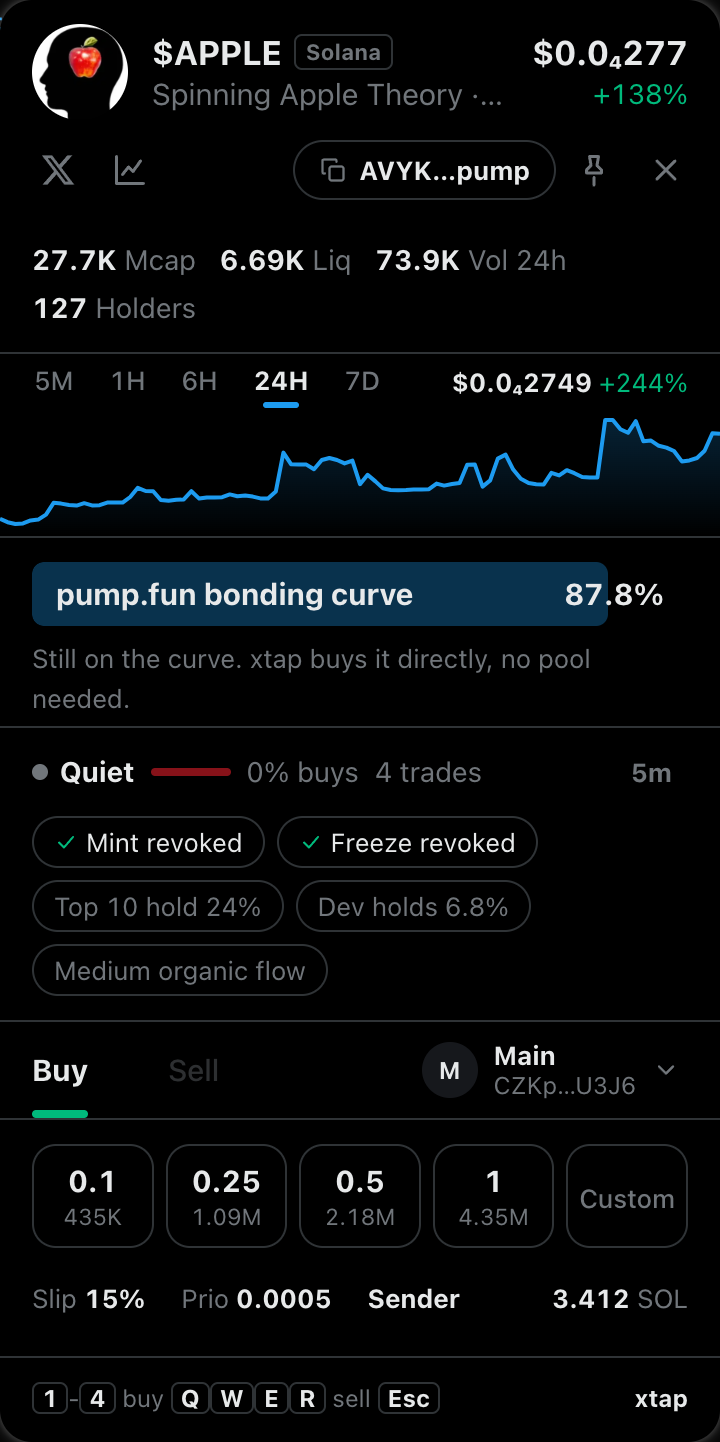 The xtap panel on a coin 88% of the way up its pump.fun curve